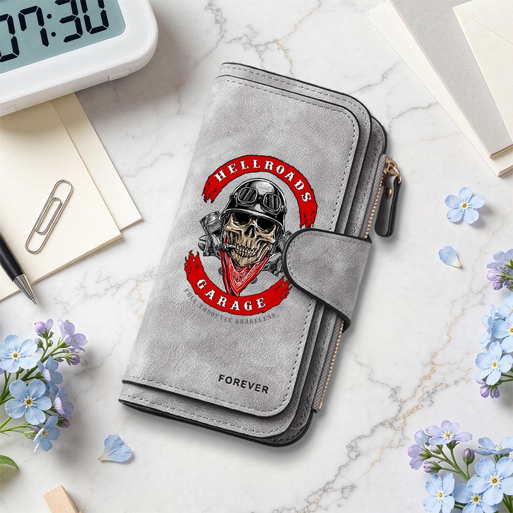 Vintage Biker Skull Print Leather Wallet Fashion Casual Multicard Long Purse