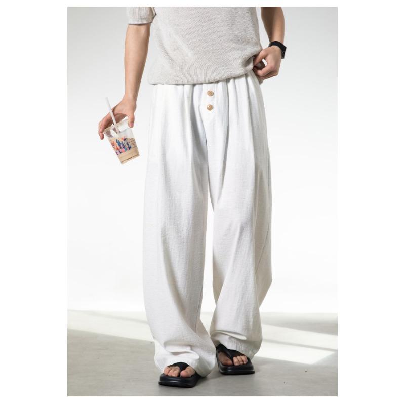 Mens Loose Straight Long Contrast Color Button Front Casual Pants
