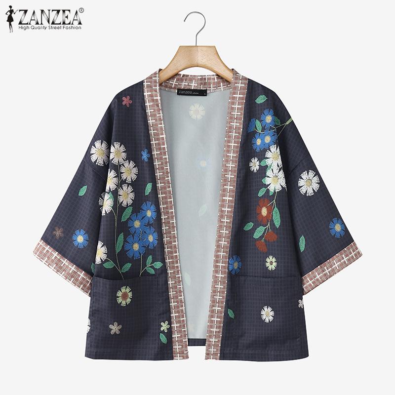 ZANZEA Women Floral Print Loose Casual 3/4 Sleeve Kimono Cardigan Blouse
