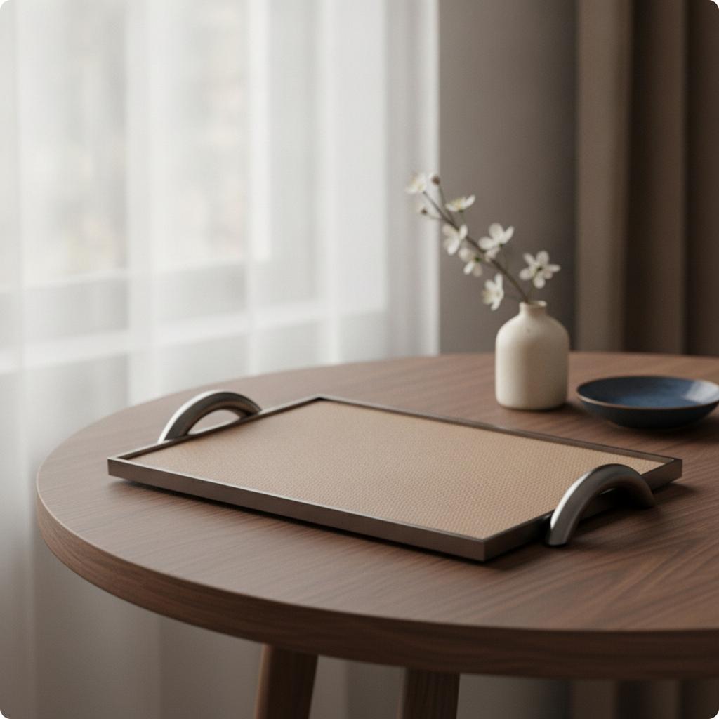 Leather Tray with Handles Low-Profile Rectangular Tray with Metal Handles Modern Luxury for Interior Designers, Coffee Table