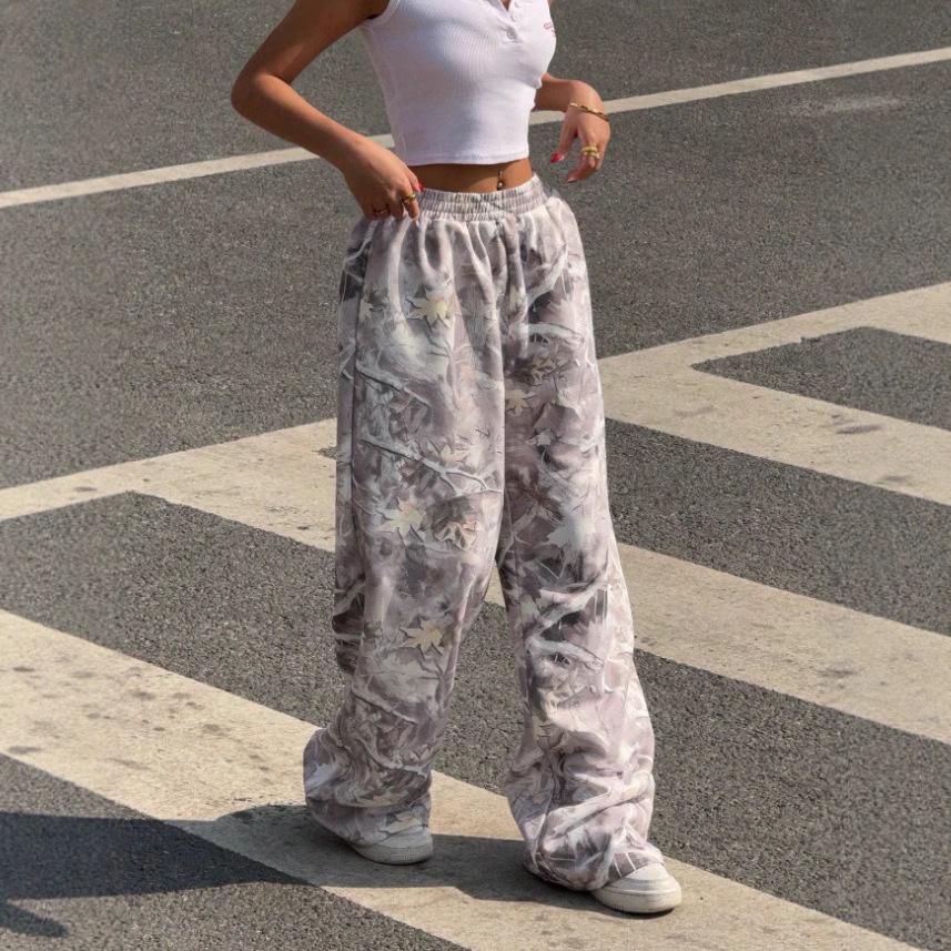2025 Teen Fashion Camouflage Print Elastic Waist Wide-Leg Pants