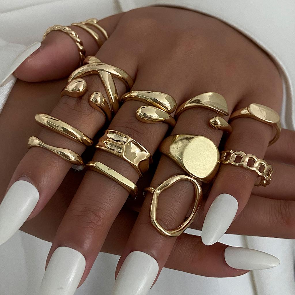 Salircon 14 Pcs/Set Anneaux Ouverts Géométriques Irréguliers Exagérés en Forme de Goutte d'Eau pour Femmes Hommes Anneau de Doigt Punk Bijoux de Mode pour Fête Cadeaux
