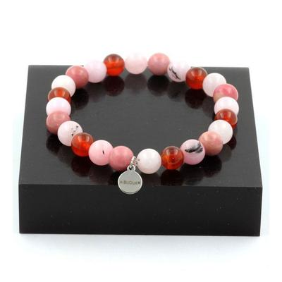 Stones and Minerals. Pink Opal + Rhodonite + Red Agate + Rose Quartz Pearl Bracelet 8 Made In France.