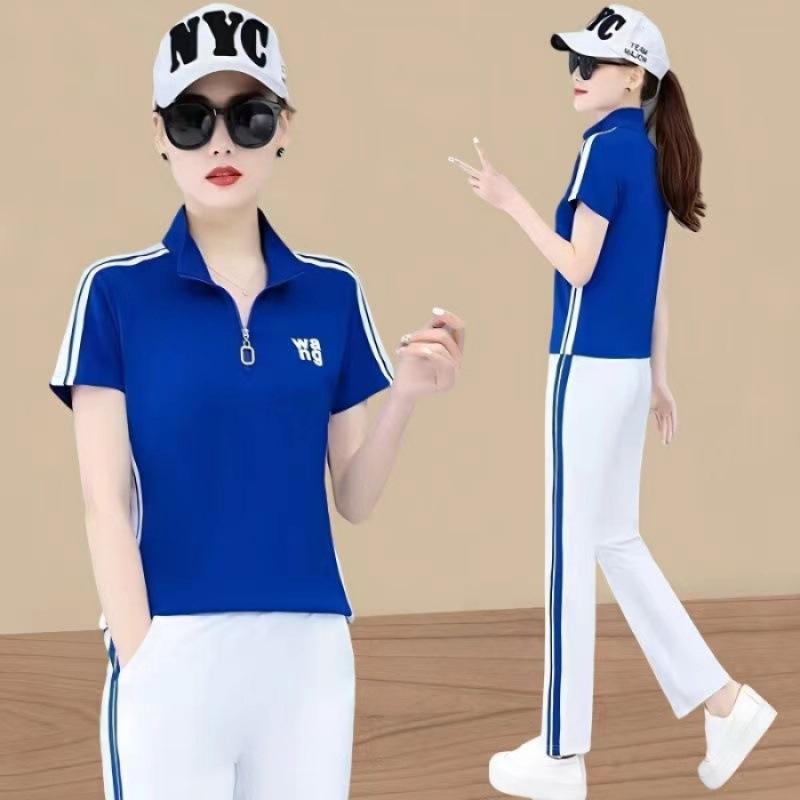 Casual Sports Suit Women's Stand-up Collar Short-sleeved Summer Fashion Age-reducing Straight Pants Two-piece Set