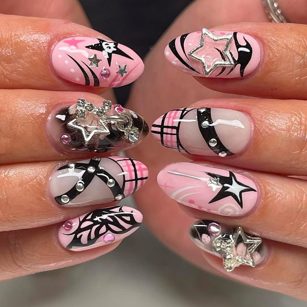 24PCS Fake Nails Sweet Cool Black Polka Dots French Spice Girl Y2k Nails Ins Pink Star Bow with Rhinestone Almond Press on Nails