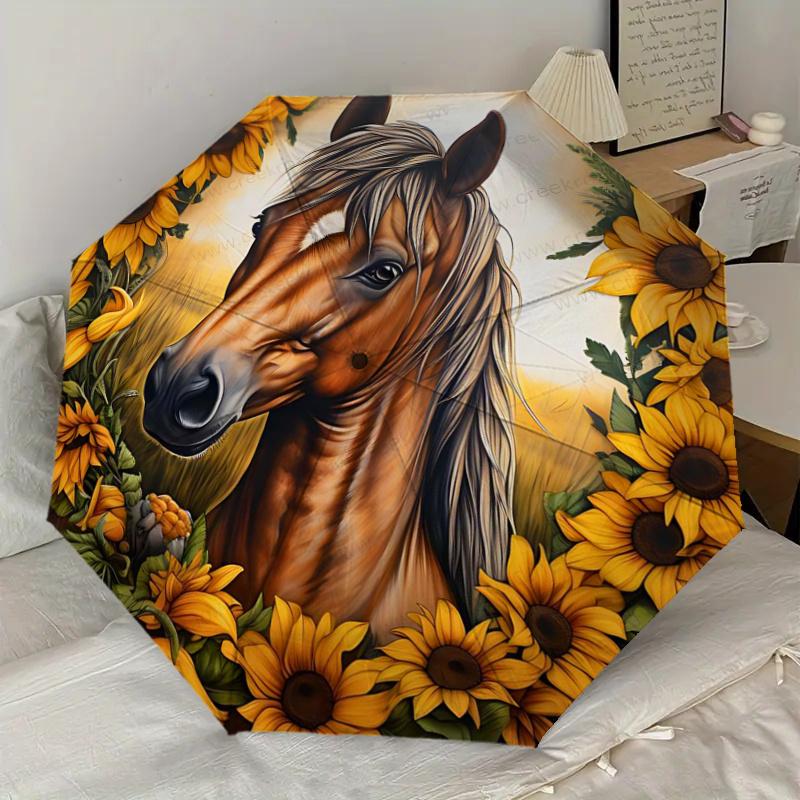 Sunflower Horse Art Print - Automatic Opening Umbrella with Foldable Design, Iron Frame, Outdoor, Festival Gift for Fans, Travelers, Daily U