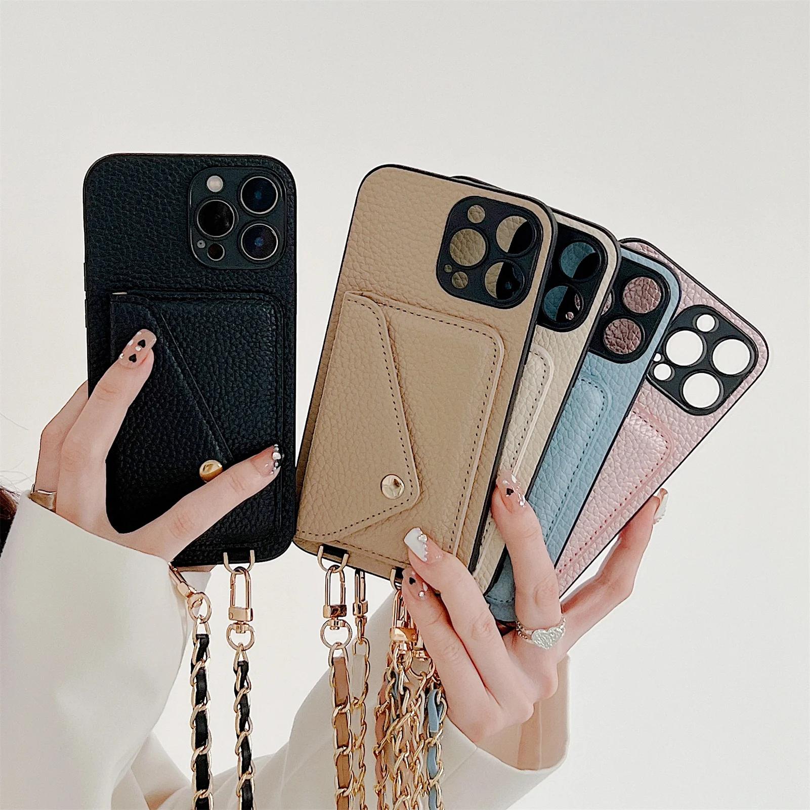 

Чехол-кошелек через плечо для iPhone 15 14 13 12 11 Pro Max XR XS X 8 7 SE 2 3, держатель для карт, ремешок-цепочка, чехол для шнурка For iPhone 13Pro Max небесно-голубой