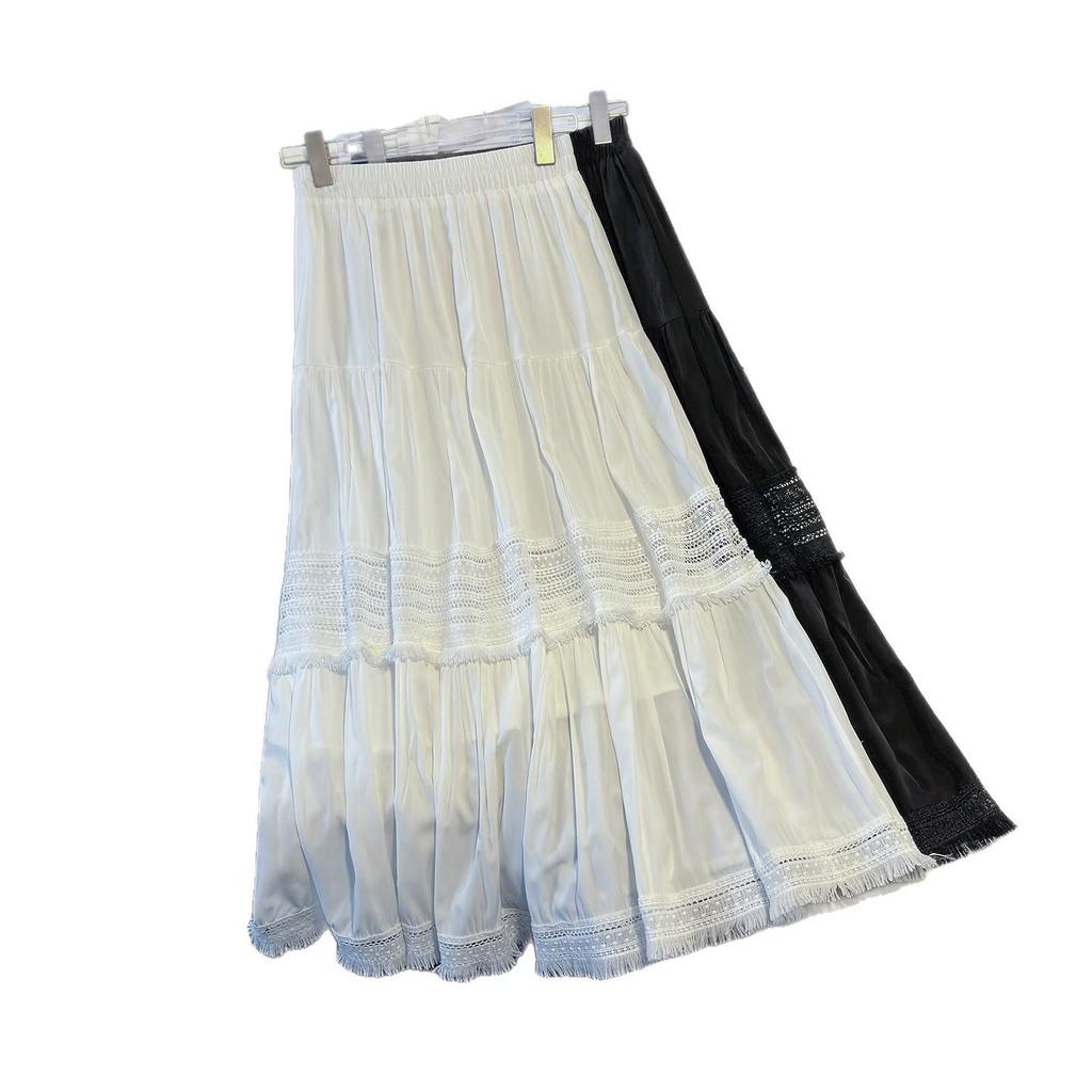 Spring 2026 Women's High-Waisted Skirt: Mid-Length Lace Ruffle, Elastic Waist, Slimming A-Line with Wide Hem.