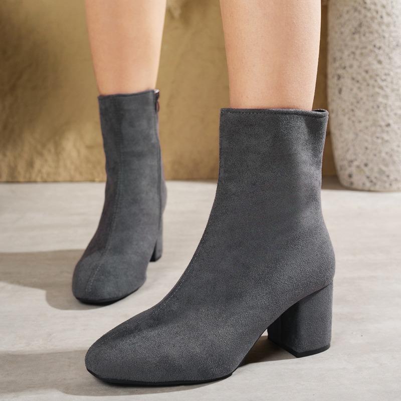 Women S Square Toe Side Zip High Heel Ankle Boots