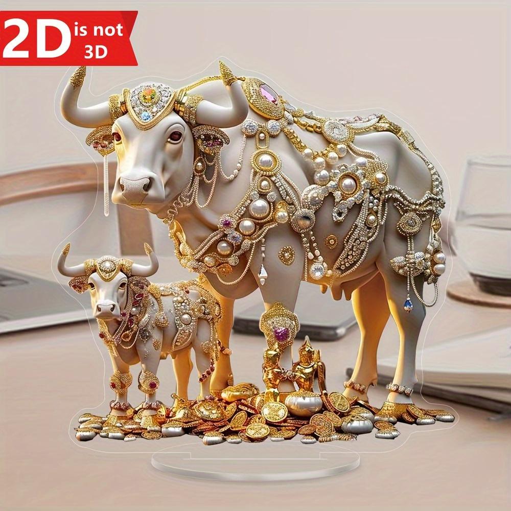

Luxurious Gold Gemstone Cow Statue. 2D flat acrylic display for home & office. Festive animal-themed gift. чистый
