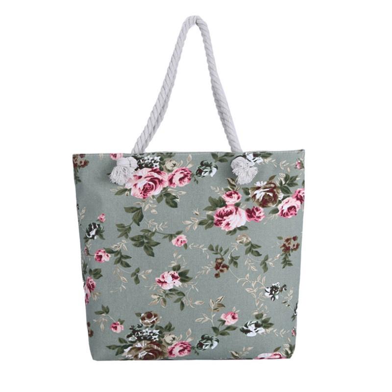 Summer Ladies Flower Printed Canvas Beach Handbag Portable for Female Single Shoulder Casual Tote Bags