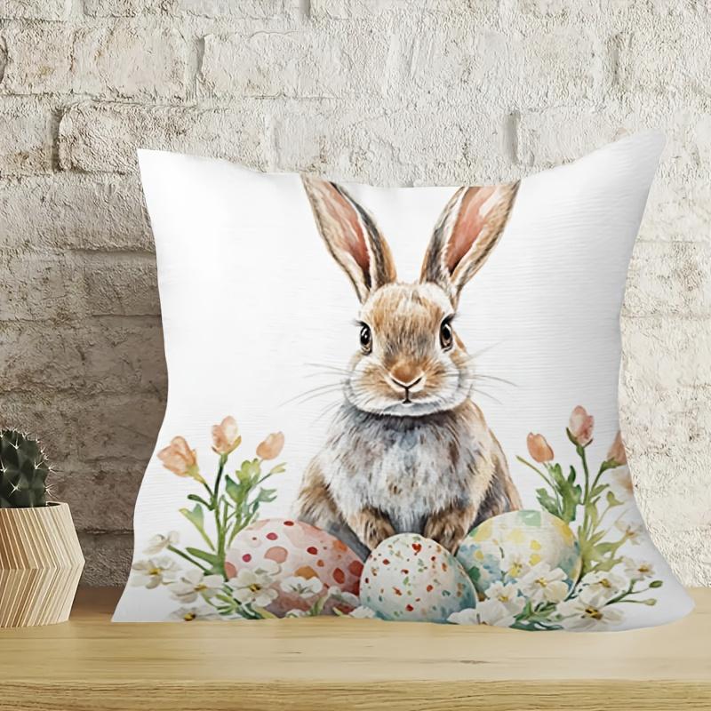 Easter Bunny With Eggs Pillow Cover 2D Printed Polyester Sofa Cushion Case – Spring Holiday Decor For Home 40X40Cm