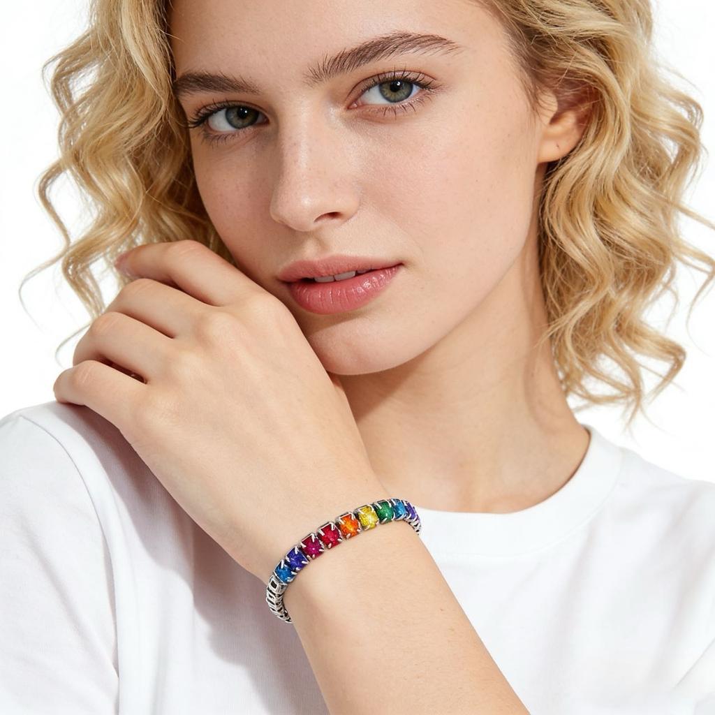 Women's Adjustable Rainbow Zircon Bracelet 6-7 Inches Waterproof Stainless Steel Multicolor Diamond Fashion Jewelry Luxurious Ac