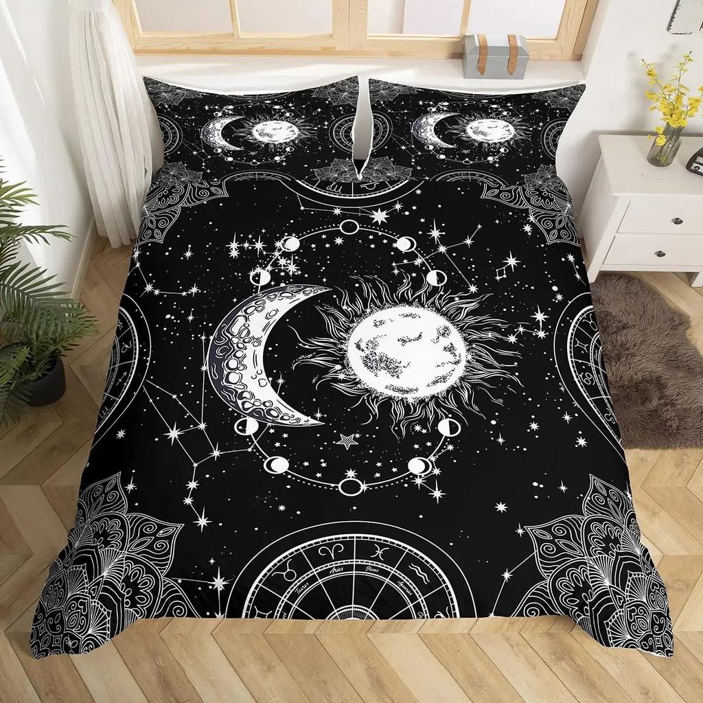 Duvet Cover Set Golden Sun and Moon Boho Mysterious Color Home Decor Bedding Set Adults Gifts with Zipper Decorative Quilt Cover