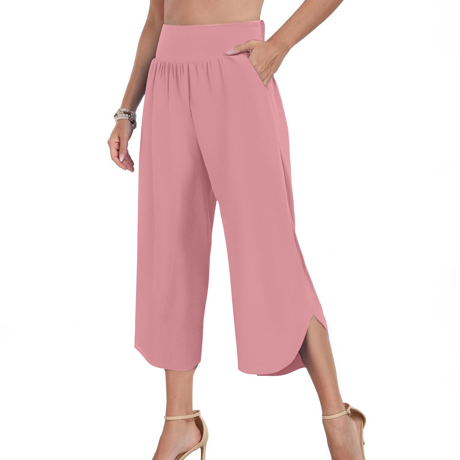 

Женские модные повседневные свободные однотонные штаны для йоги с высокой талией и карманами, спортивные брюки 7/10 M розовый