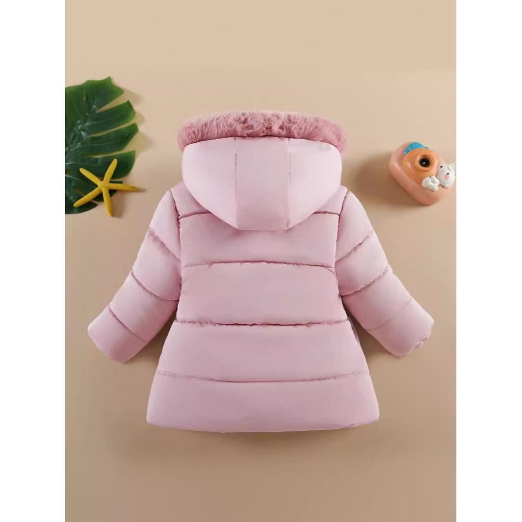 Children Autumn Winter Thick Cotton Coat Kids Girls Warm Pearls Jacket Plush Collar Hooded Windproof Outwear