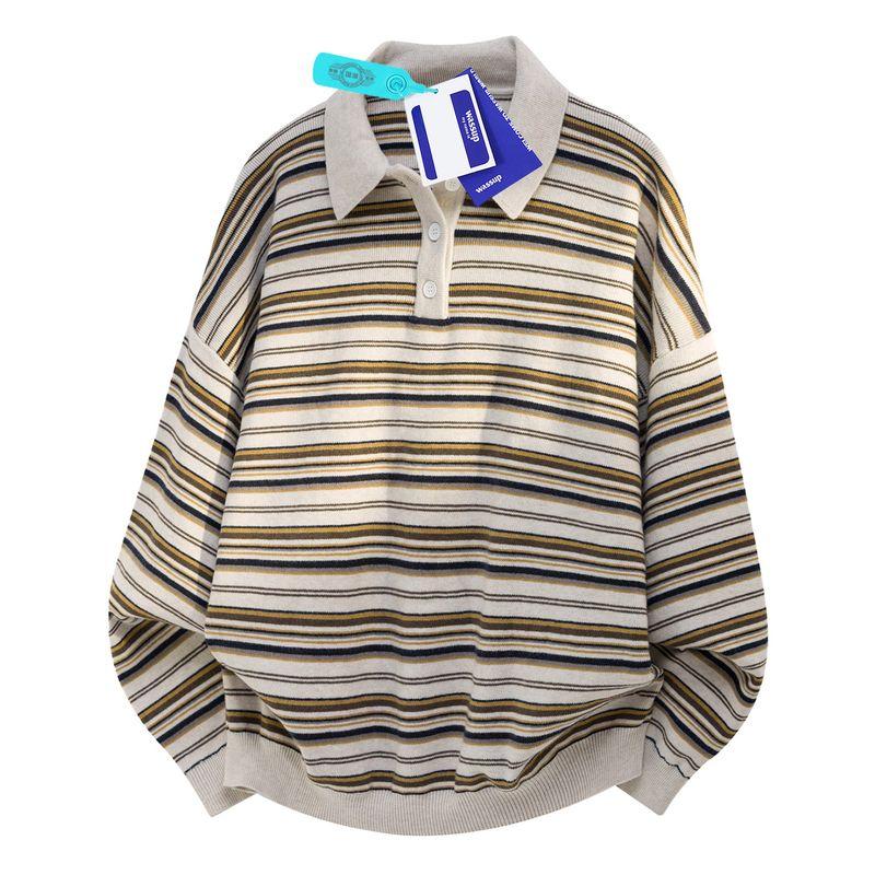Wassup American Retro Vintage Style Polo Collar Striped Men's Loose Casual High-End Long-Sleeve Knit Sweater