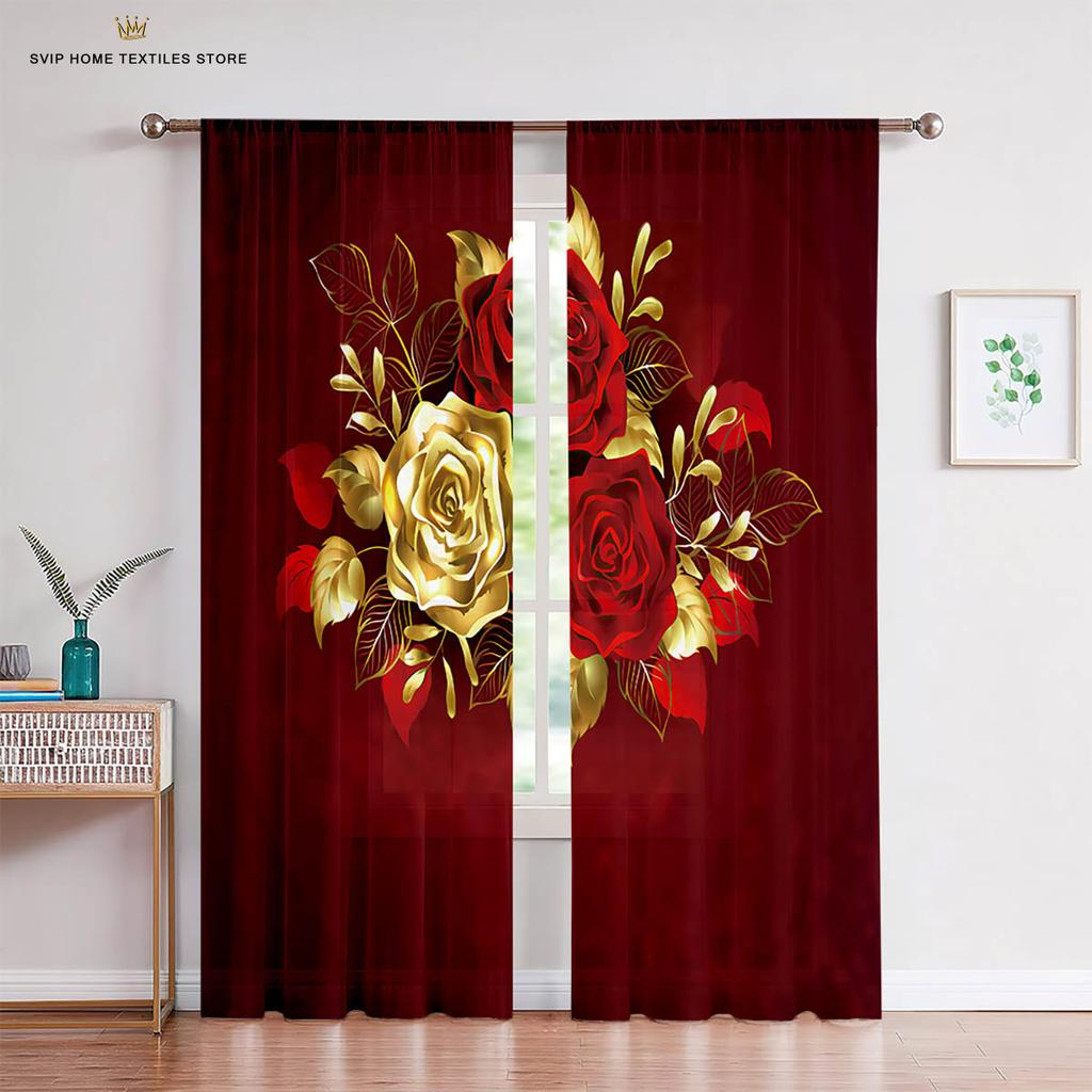 Red Retro Rose Flower 3D Printed Curtains, Suitable for Bedroom, Living Room, Balcony, Kitchen, Decorative, Easy to Wash