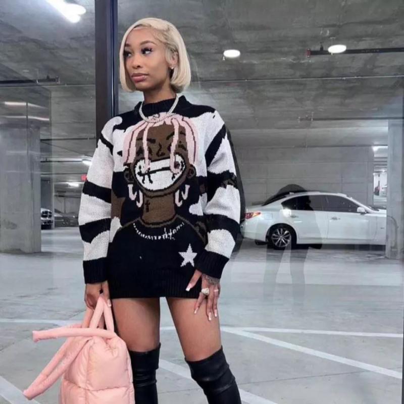 Women's Loose Pullover Sweater 2023 Fashion Design Casual Round Neck Knitted Sweater Coat Autumn Wear Inner Long Sleeve Top Y2k