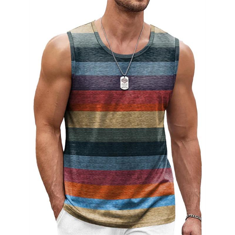 Retro Gestreifte Grafische Tanktops Für Männer Mode Lässig Sommer Ärmellos 3D Gedruckte Weste Locker Rundhals Schnelltrocknende Sport T-Shirts M