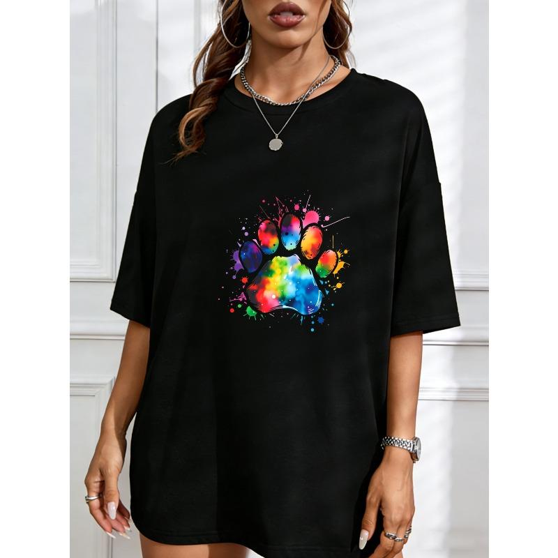 Crew Neck T Shirt White Rainbow Paw Print Design For Casual Wear