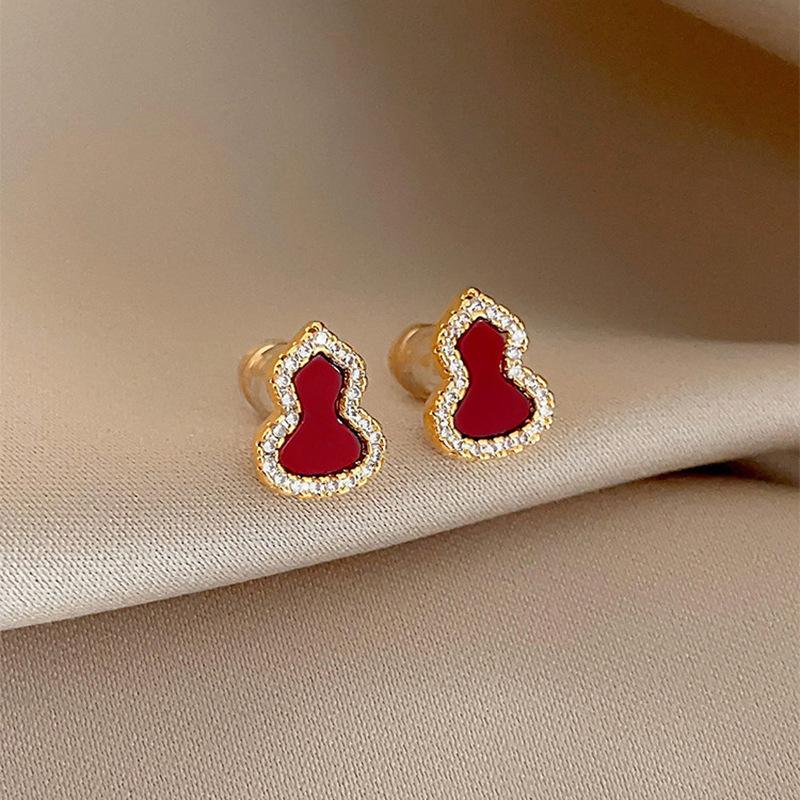 18k New Chinese Simple Zircon Gourd Stud Earrings Niche Earrings Fashionable Versatile Earrings