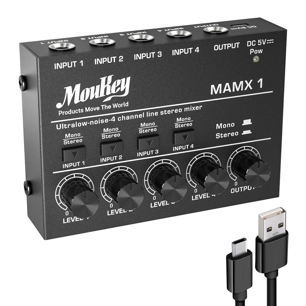 Moukey Low Noise Line Mini Audio DC 4 Stereo for for Small Clubs and Mixer for MAMX1 4-Channel Mixer, 5V, Ultra, Submixing, Bars, Guitar, Bass,