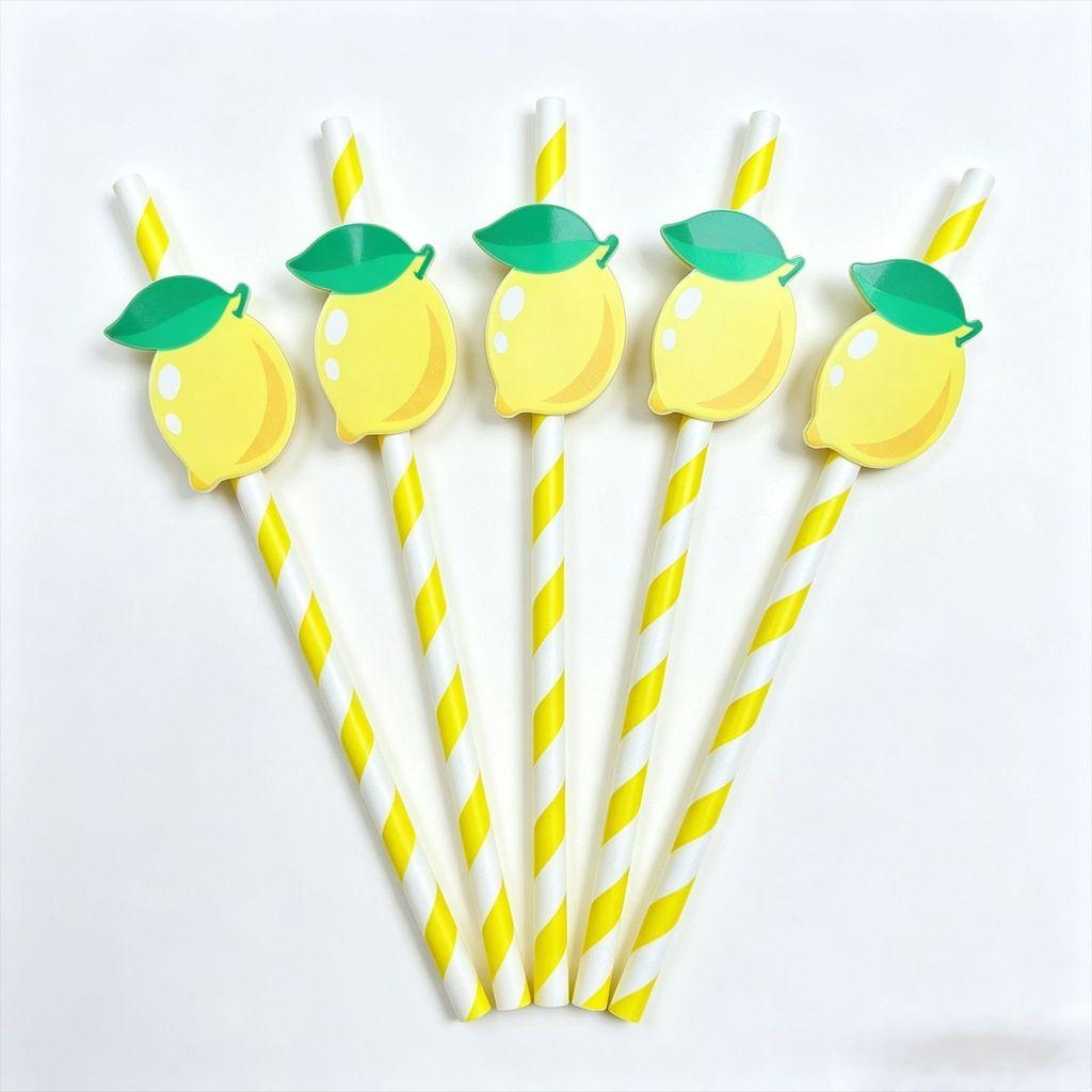 Degradable Paper Straws For Parties With Lemon Pattern For Cake Drinks And Cocktails