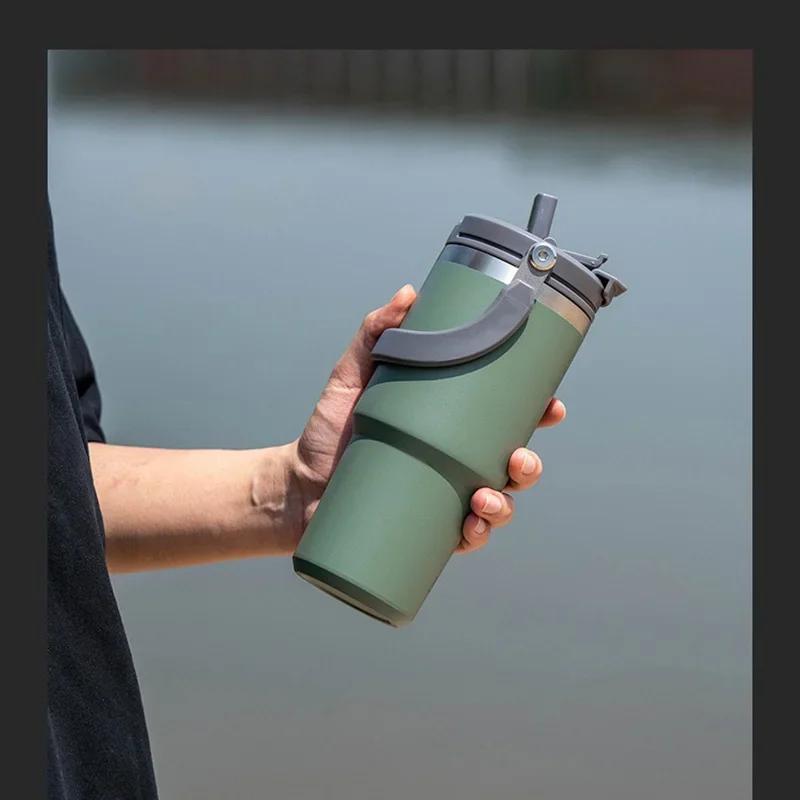 Tyeso Portable Double-layer Insulated Cup Outdoor Hike Large Capacity Sport Water Bottle Car Coffee Cup with Handle and Straw