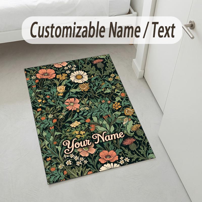 Floral Theme Soft Crystal Velvet Rug Custom Name & Text Print Non Slip Floor Rug for Bedroom Living Room