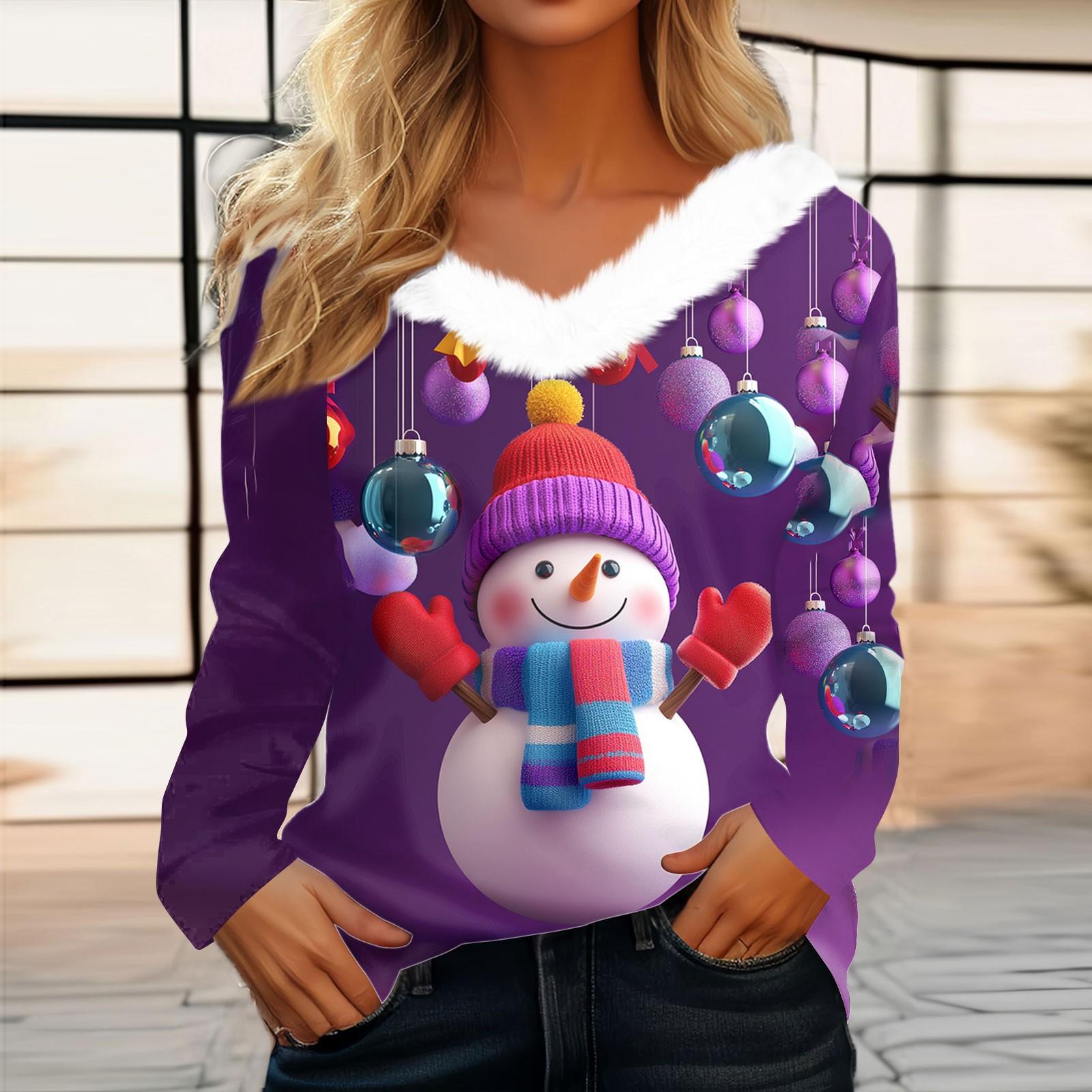 

Женский длинный рукав рождественский принт вечеринка плюшевый воротник широкий повседневный V-образный вырез топ XL фиолетовый