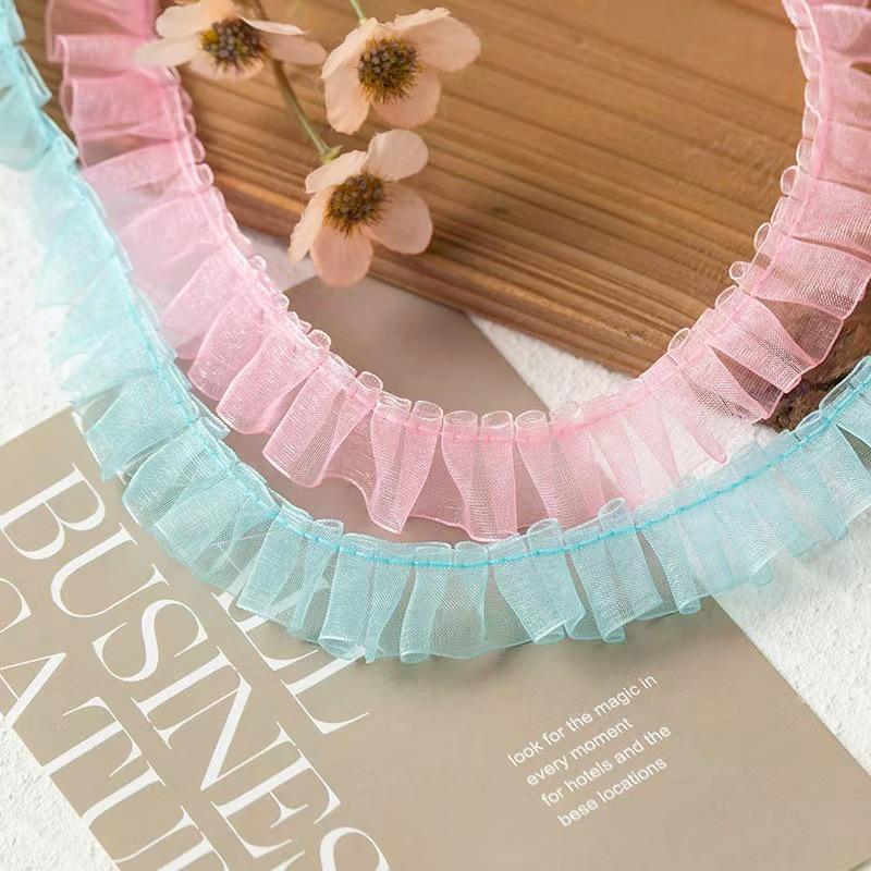 2cm White Powder Blue & Black Wrinkled Fungus Lace Gauze for DIY Bag, Toy, and Clothing Decoration