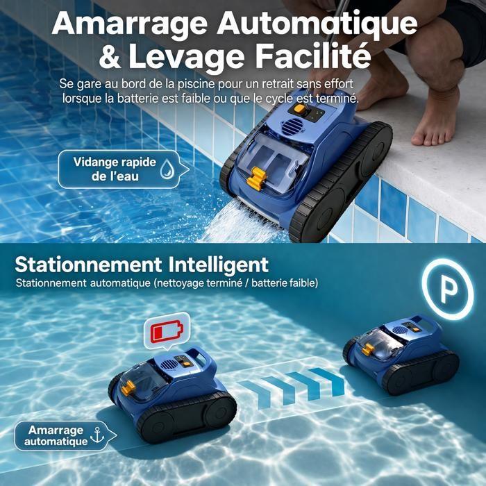 Robot Piscine Sans Fil, Nettoie Sol/Parois/Ligne d’eau 180Min&200m² Aspiration Puissante, Filtration Ultra-Fine, Auto-Stationnement