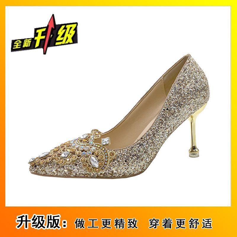 Silver wedding shoes two wear high heels single shoes women's 2025 new French champagne rhinestone show he wedding shoes