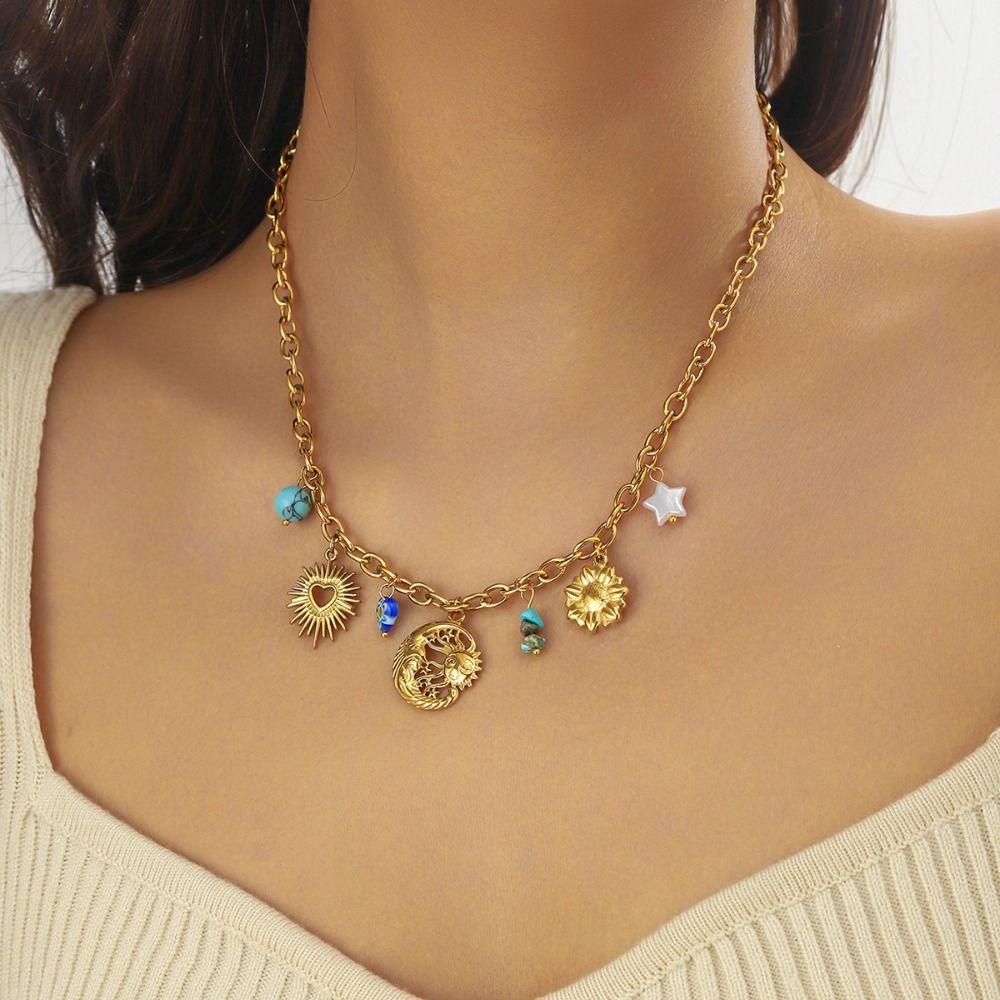 Vintage Ocean Pendant Necklace Metal Chain Multilayer Pearl Necklace Eyes of Demon Necklace  Party