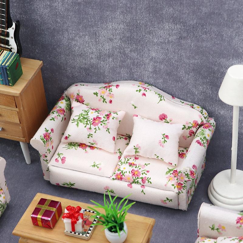 1:12 Dollhouse Miniature Floral Sofa Cover with Cushion in Pink-Green Flower Cluster Design