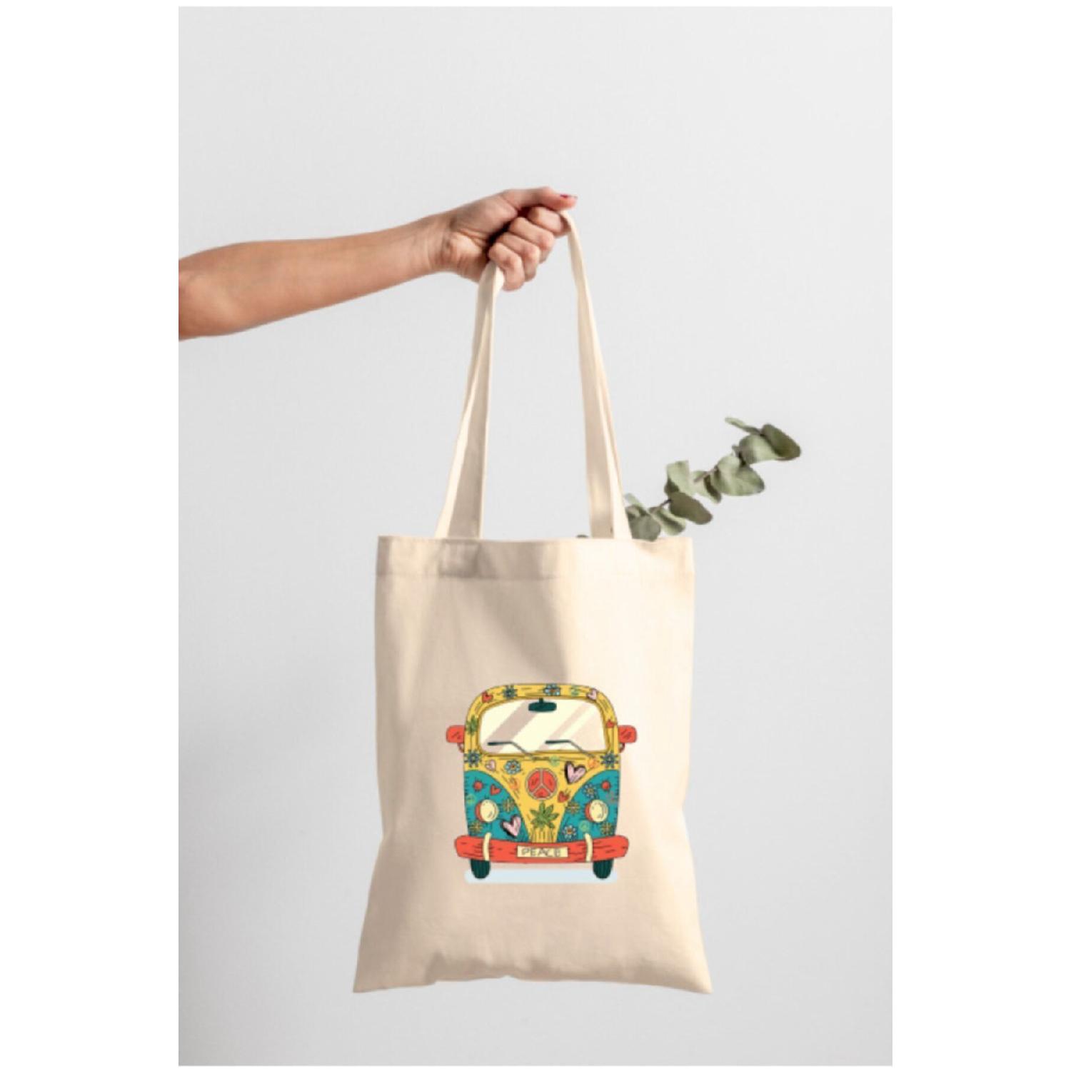 

Peace Minibus Printed Raw Cloth Bag M