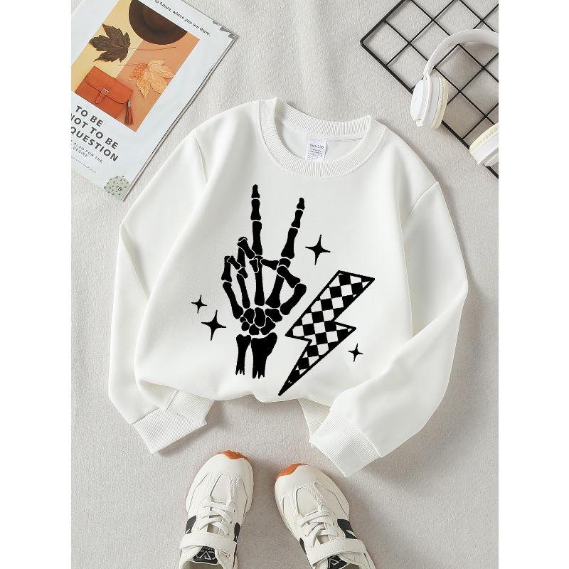 Girls' Crewneck Sweatshirt Skeleton Hand Rock Sign Lightning Star Machine Washable, Spring And Autumn, Sportswear And Casual Wear