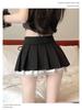 Women's Gray Lace Trim Pleated High Waist A-line Skirt - Autumn Petite, Slimming, Fluffy, Short