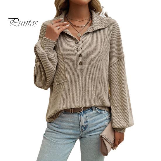 

Женские топы с пуговицами на лацканах, с полузастежкой, длинным рукавом, накладным карманом, пуловеры, однотонные свободные трикотажные топы S абрикосовый