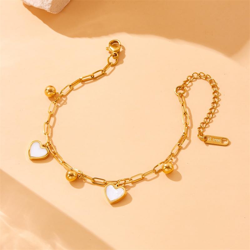Gold Plated Paperclip Chain Bracelet with Mother of Pearl Heart Charms Fashion Jewelry for Women
