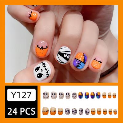 24 ks Halloweenské nalepovací nehty Krátké CEWEWP Čtvercové Kreslené Falešné nehty Náplasti Mumie Nalepovací Tipy na nehty Oranžové Francouzské Lepicí nehty s Terorem