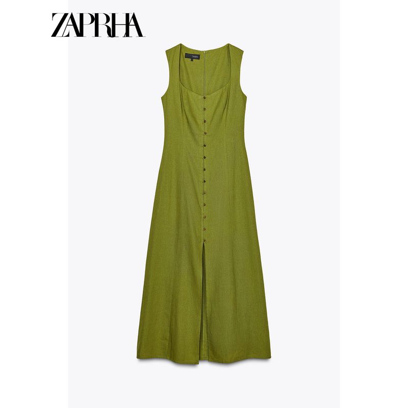 Zaprha 2025 New Arrival Hepburn Style Sleeveless Square Collar Elegant Linen Midi Skirt Dress Slim Looking 6962029