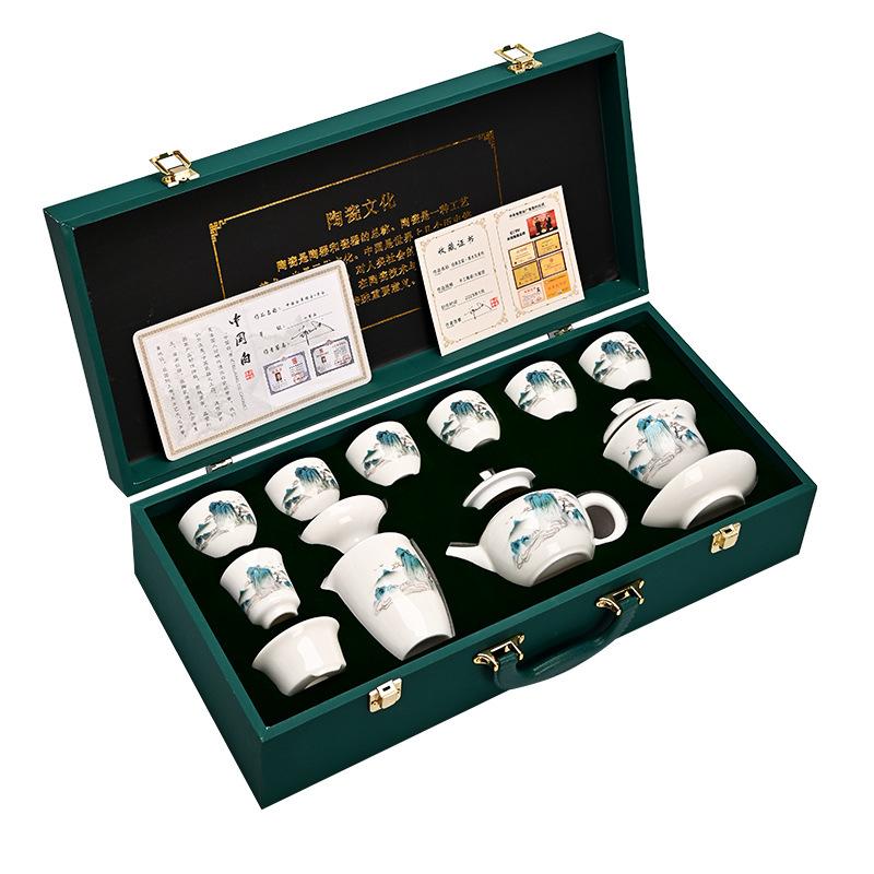 High-end light luxury suet jade kung fu tea set, a complete set of white porcelain ceramics Dehua gold-painted high-end high-value