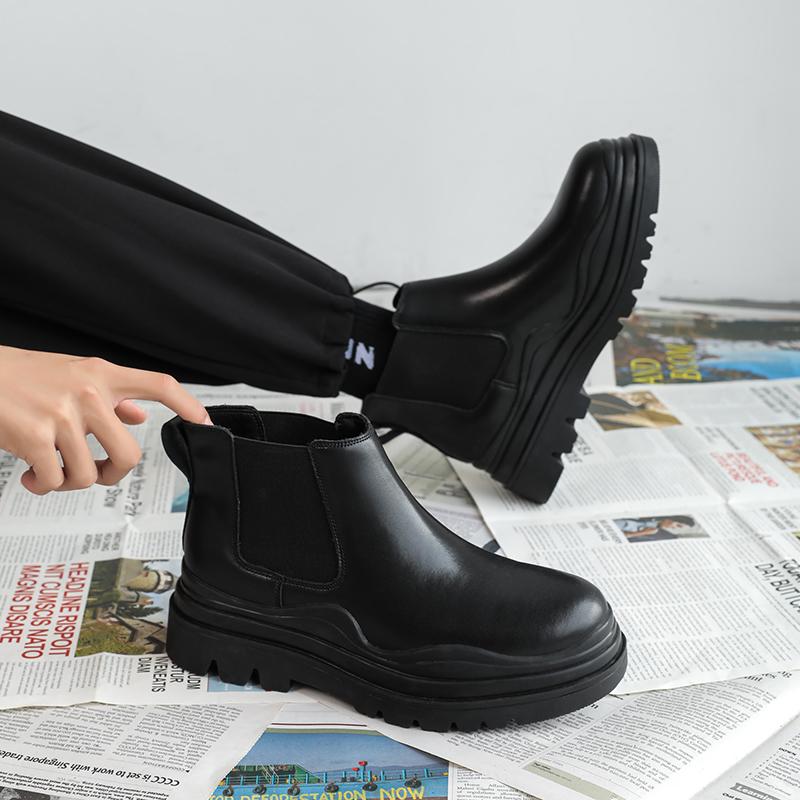 Mode Klassisch Fell Warm Herren Grüne Sohle Runde Zehen Herbst Winter Komfort Chelsea Boots Dicke Sohle Echtes Leder Outdoor Schuhe