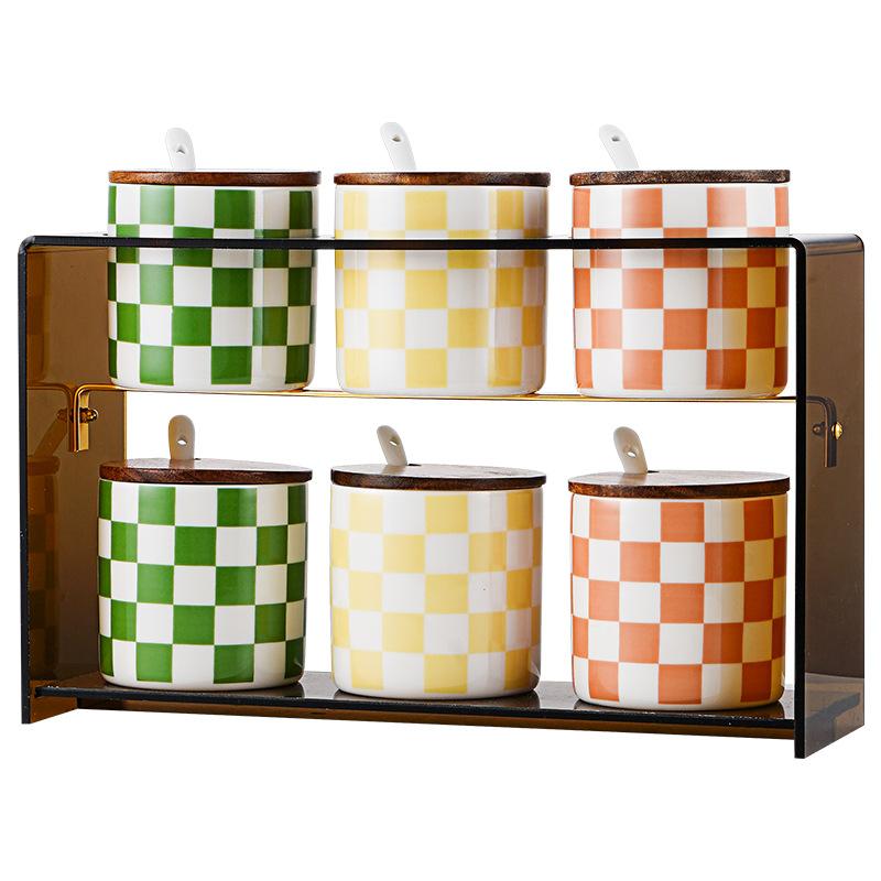 Home Ceramic Checkerboard Seasoning Jar Set Acrylic Storage Rack Seasoning Jar Combination Light Luxury Seasoning Box with Cover