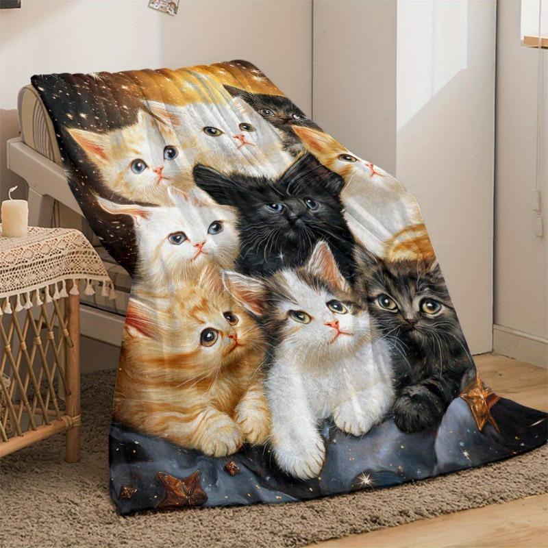 1Pc Whisker Wonders Cat Flannel Throw Blanket All-Season Lightweight Warm For Sofa Bed Travel Camping Living Room Digital Print