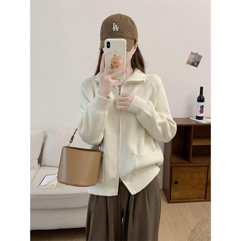 Autumn and Winter New Double Zipper Lapel Knitted Cardigan Women's Solid Color Sweater Jacket Loose Style Top Trendy