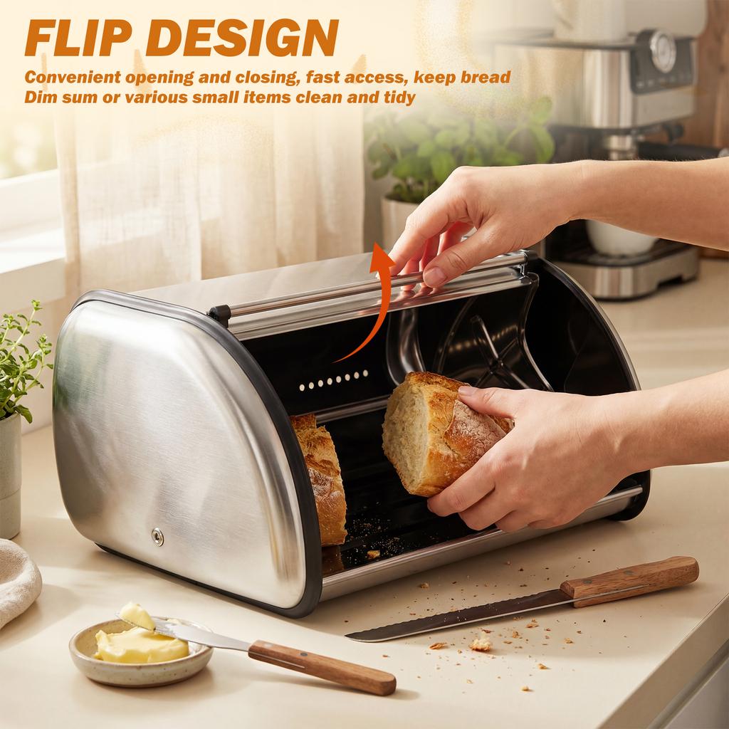 Stainless Steel Bread Box Large Capacity Cake Bin Dustproof Bakery Storage Container Flip Cover Food Keeping Fresh Box