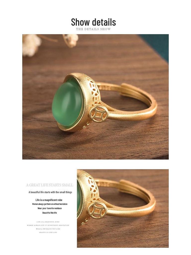 Retro Kinesisk Stil Gullbelagt Ring med Grønn Kalsedon Innlegg